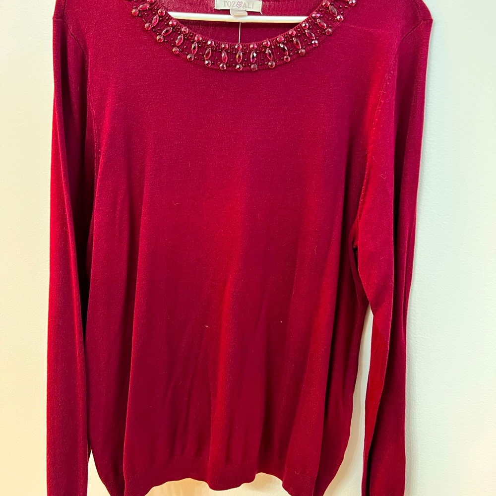 Roz & Ali Burgundy Sweater with Jeweled Neckline, Size 1X